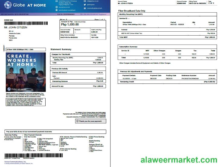 Philippines Globe myBusiness utility bill template in Word and PDF formats, 2 pages, version 2
